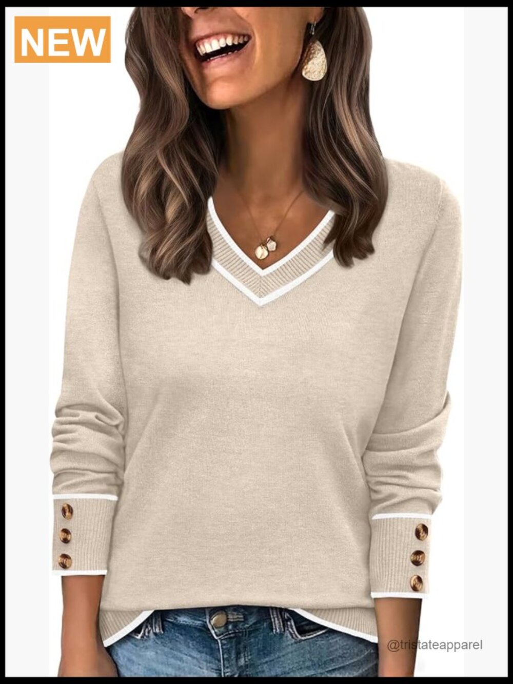Lightweight V-Neck Long Sleeve Knit Sweater with Button Cuffs